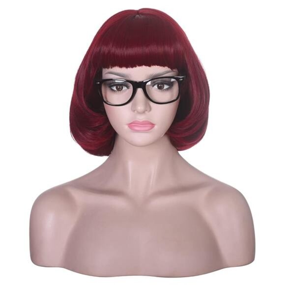 Short Wine Red Bob Wig with Bangs for Cosplay with Glasses Burgundy - Picture 1 of 6